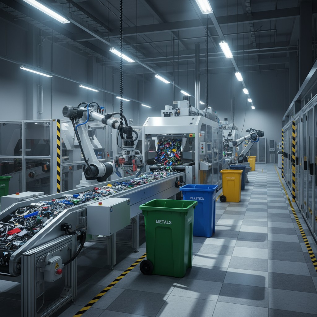 Industrial warehouse with robot arms and recycling systems.