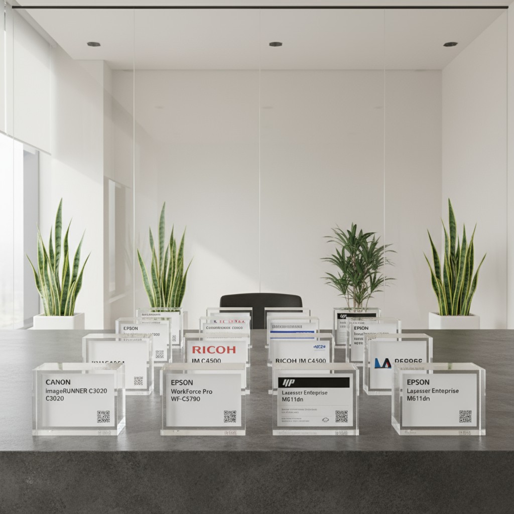 A modern office desk features an array of clear acrylic boxes containing various printer models, arranged alongside severa...
