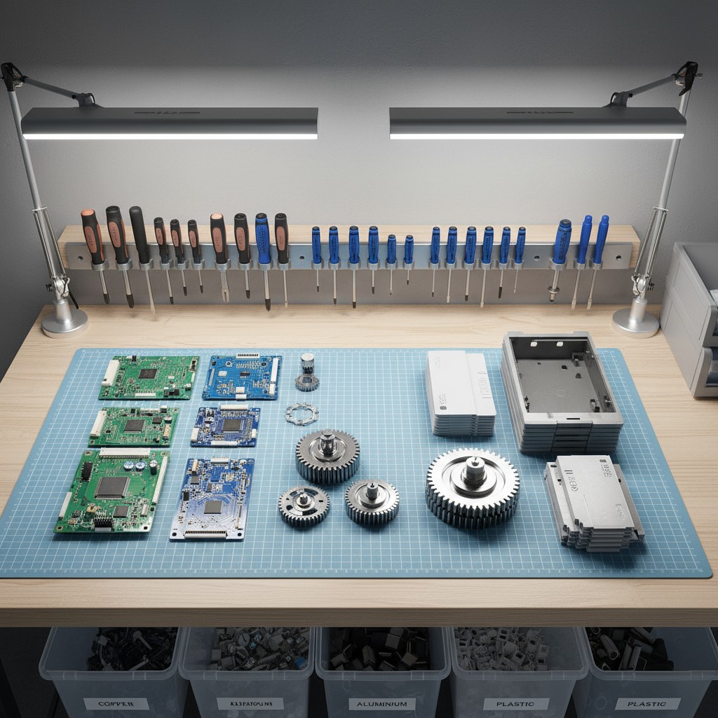 A workshop table featuring various electronic components, with LED lights illuminating two racks of screwdrivers and other...