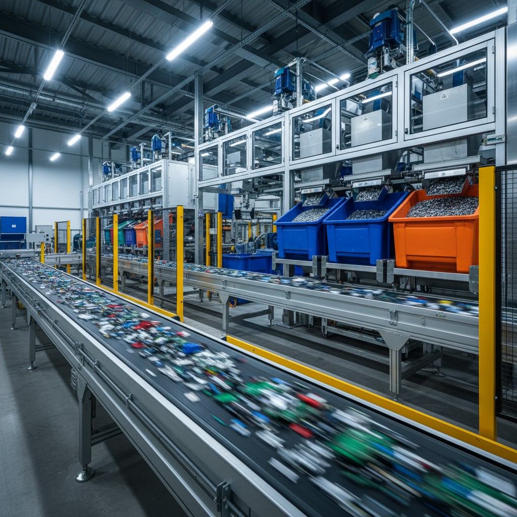 Here is the text that describes what's in the image: A factory production line is seen within an industrial plant. A conve...