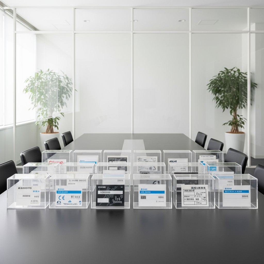 An image showing a large table with layout paper, name tags, and certificates placed on top of it. There are two potted pl...