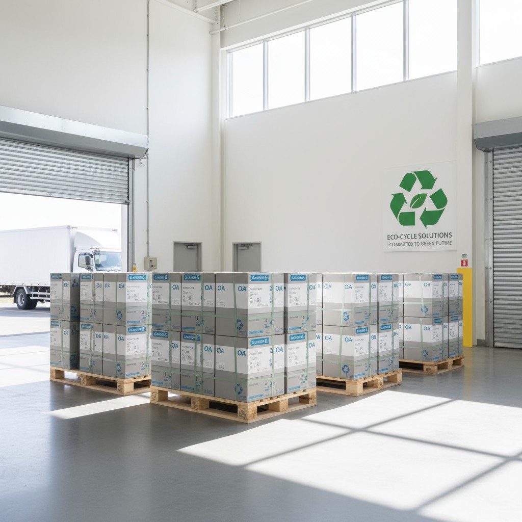 :: warehouse where printing paper on wooden pallets is stored. This image depicts three stacked planks of roughly the same...